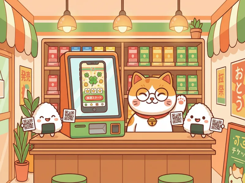 幸运便利店APP下载自助终端展示手机应用界面和饭团二维码